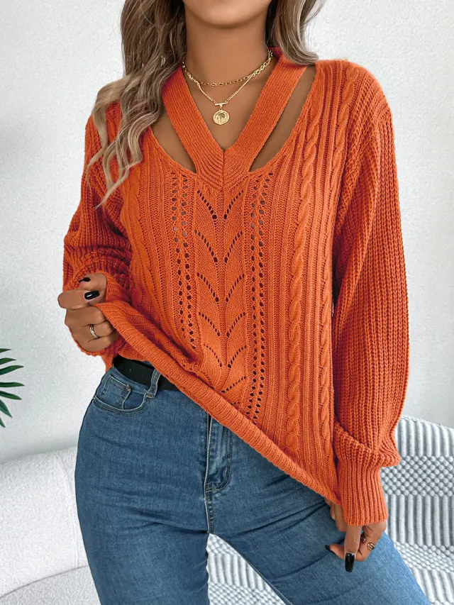 Hollow Out V neck Twist Lantern Sleeve Pullover Sweater Orange - Shop at LoveMi