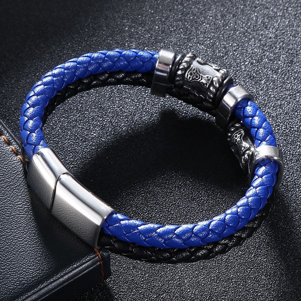 Handmade Colorblock Leather Stainless Steel Beaded Vintage Men's Bracelet