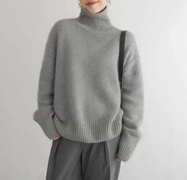 Women's Minimalist Turtleneck Wool Thick Loose Idle Style Knitted Bottoming Sweater - Gray