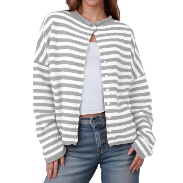 Women's Striped Contrast Color Sweater Long Sleeve Casual Cardigan Gray - Shop at LoveMi