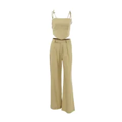 Fashion Cotton And Linen Short Vest Pants Two-piece Set - Khaki - View 1
