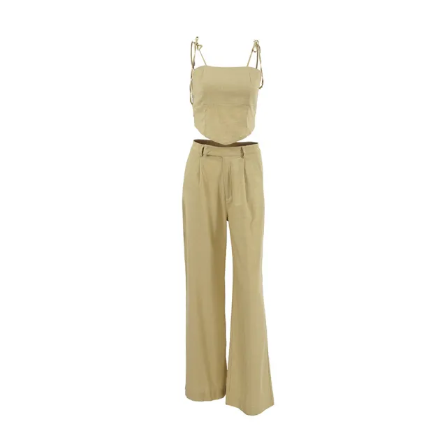 Fashion Cotton And Linen Short Vest Pants Two piece Set Khaki - Shop at LoveMi