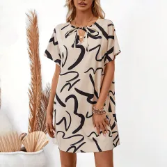 Elegant Commuter Knit Print Tie Loose Dress - Khaki - View 1