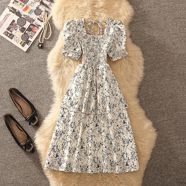 French Square Collar Floral Dress Waist Slimming Women Floral - Shop at LoveMi