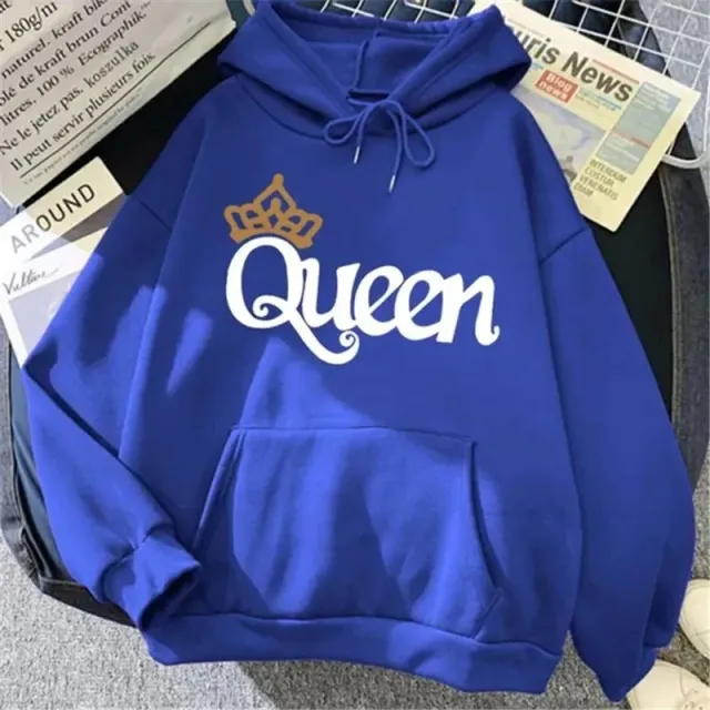 QUEEN Print Hoodies Fleece Hooded Sweatshir Blue - Shop at LoveMi