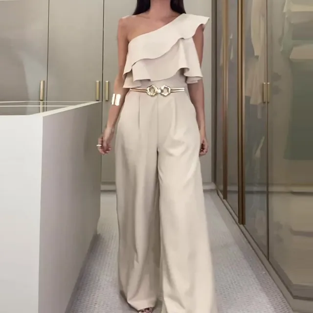 Women's Solid Color Design Irregular Ruffled Slim Fit Bodysuit Beige - Shop at LoveMi