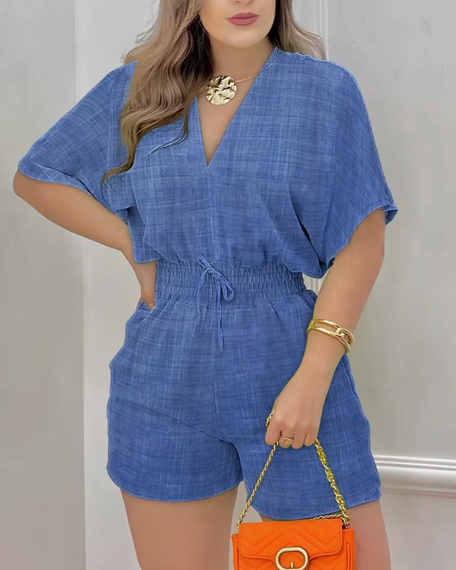 Summer European And American Short sleeved V neck Lace up Jumpsuit Denim Blue - Shop at LoveMi