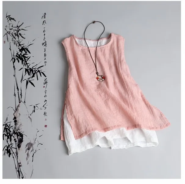 Women's Thin Double layer Cotton And Linen Vest With Buckle Pink - Shop at LoveMi