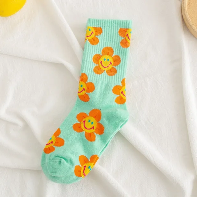 Socks Women's Smiling Flower Female Middle Tube Socks SUNFLOWER Jacquard Socks Green - Shop at LoveMi