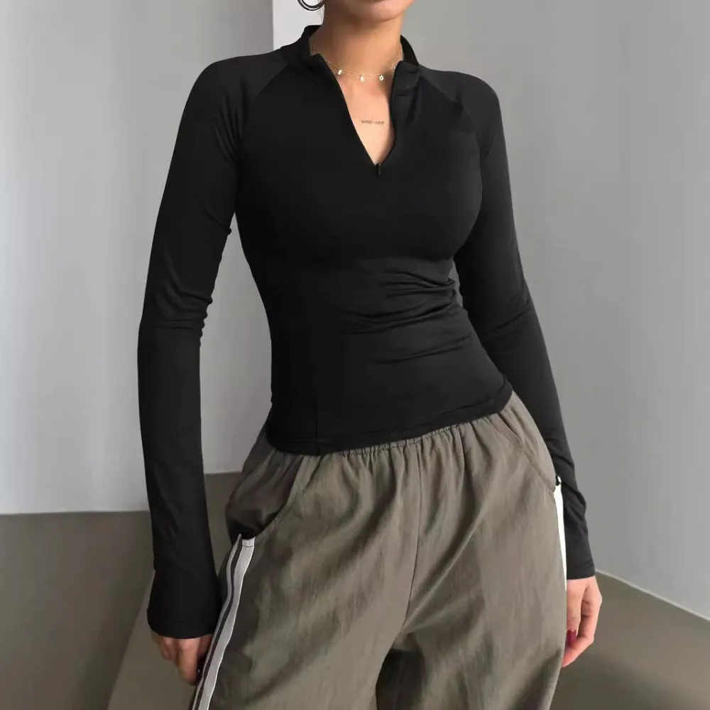 European And American Sports Style Long-sleeved T-shirt Solid Color Y2g Half-open Collar Short Top