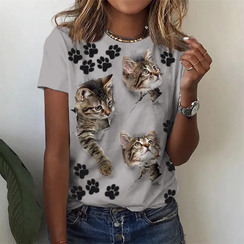 Animal Print Short Sleeve Round Neck T-shirt - Gray