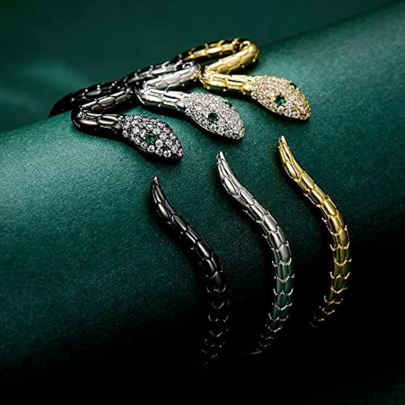 Snake-shaped Open-ended Bracelet White Gold Plated Zircon