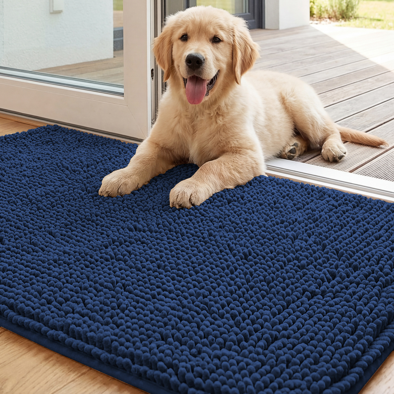 Chenille Non-slip Water-absorbent Solid-color Long-pile Pet Mat Navy Blue 17x24inch