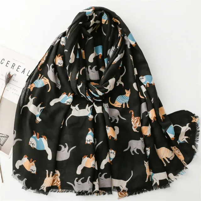 Cotton And Linen Hand Scarf Fashion Cat Cartoon Thermal Shawl Black - Shop at LoveMi