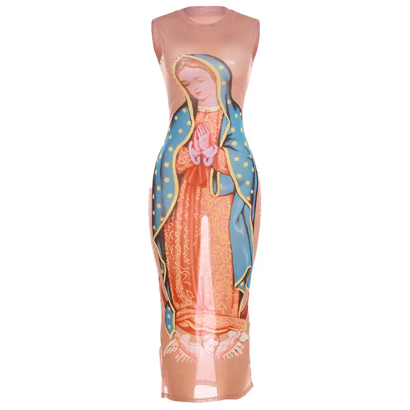 Women's Fashion Printed See-through Slim-fit Slit Hip-wrapped Dress