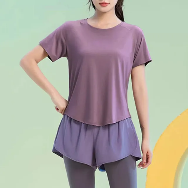 Sports Leisure Set Short Sleeve Fitness Pants Women Slim And Slimming Greyish Purple Top - Shop at LoveMi