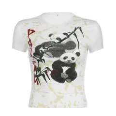 Panda Printing Round Neck Contrast Colour Slim Fit Casual Shirt - White - View 1