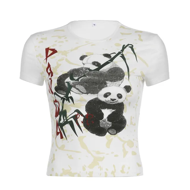 Panda Printing Round Neck Contrast Color Slim Fit Casual Shirt White - Shop at LoveMi