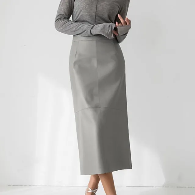 French Fashion Sexy Slit High Waist Leather Straight Skirt Gray - Shop at LoveMi