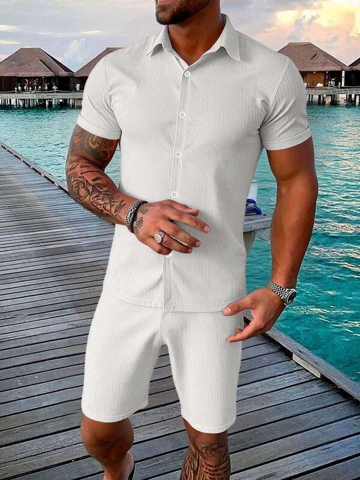 Men's Casual Button-up Short-sleeve Top And Shorts Two-piece Set - Image 5