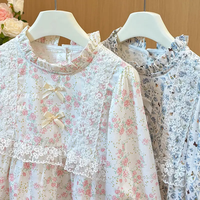 Spring New Arrival Sweet French-Style Lace Long-Sleeve Cotton Top For Babies