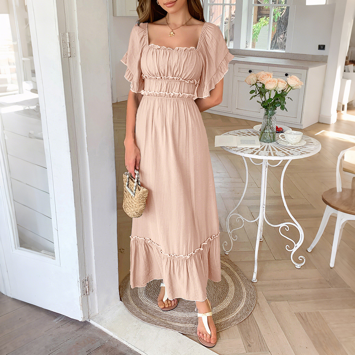 European And American Leisure Vacation Style Stringy Selvedge Short Sleeve Dress