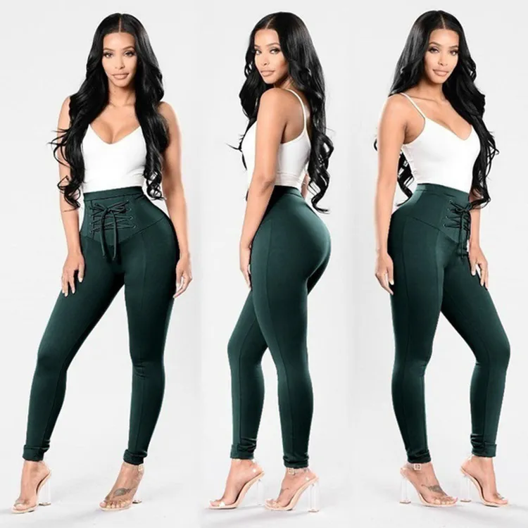 Women's Plus Size Pure Color Cotton Trousers Lace-up Pencil Pants - Dark Green