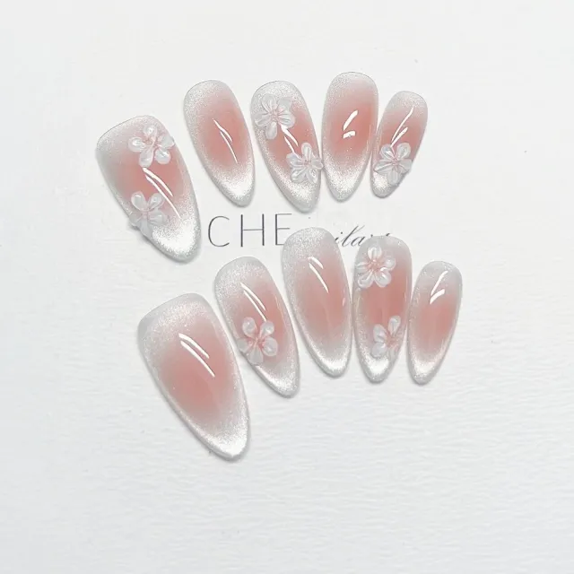 Flower Blush White Finished Almond Nail Stickers Almond - Shop at LoveMi