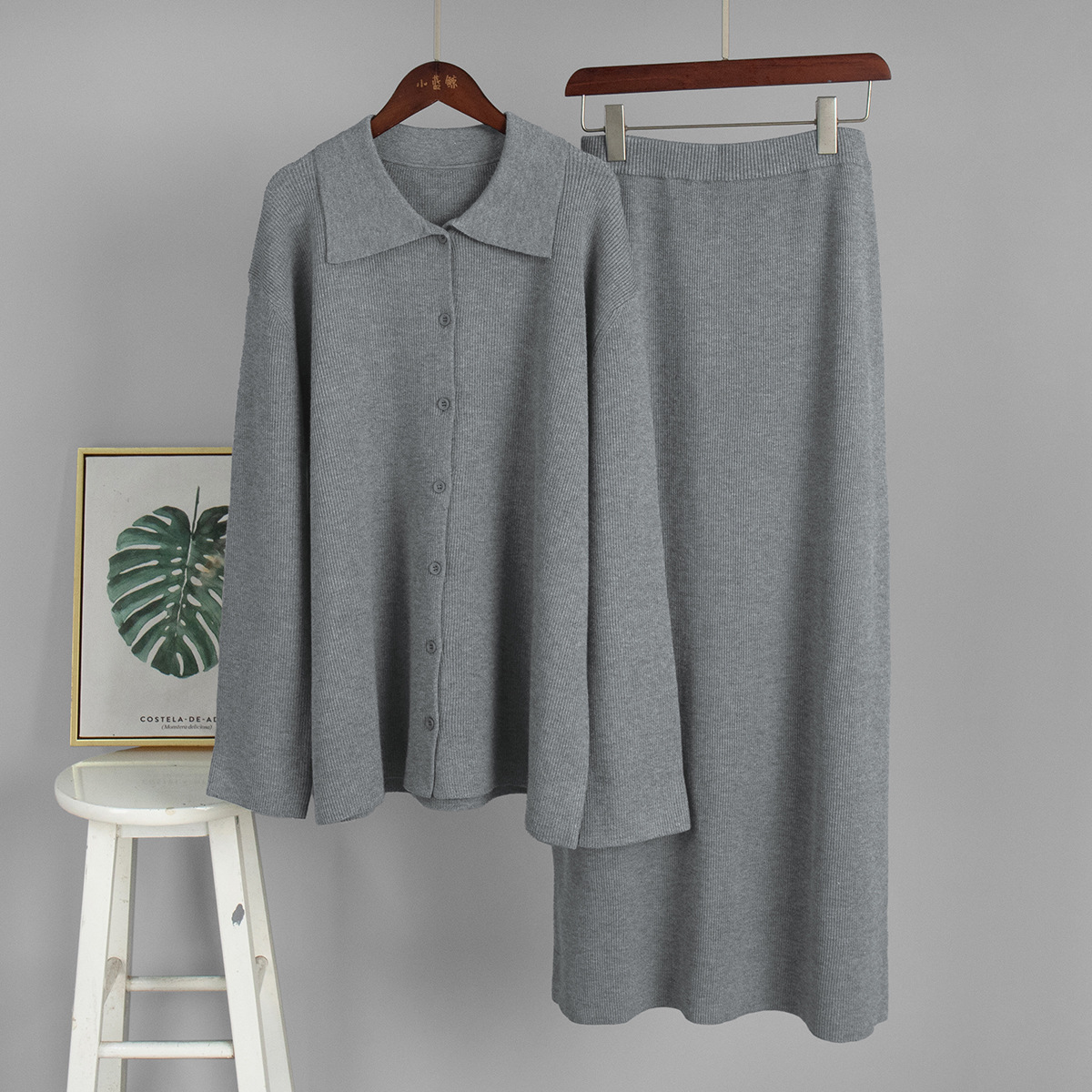 Autumn And Winter Polo Collar Cardigan Skirt Suit