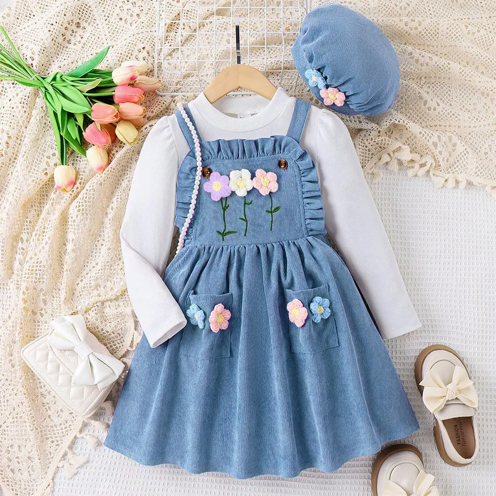 Round-neck Striped Top With A Floral-embroidered Suspender