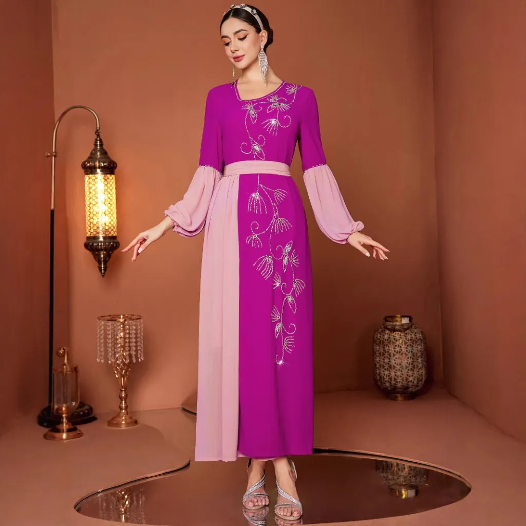 Rose Red Chiffon Dress Hand-stitched Diamond Outline Elegant - Rose Pink