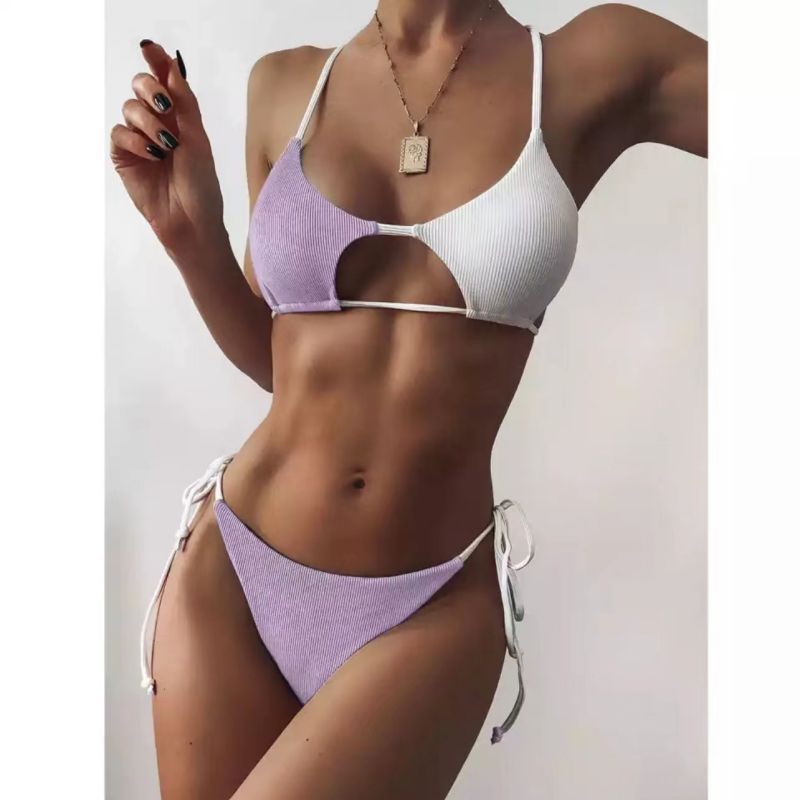 Plain Rib Fabric High Waist Color Swimsuit White - Shop at LoveMi