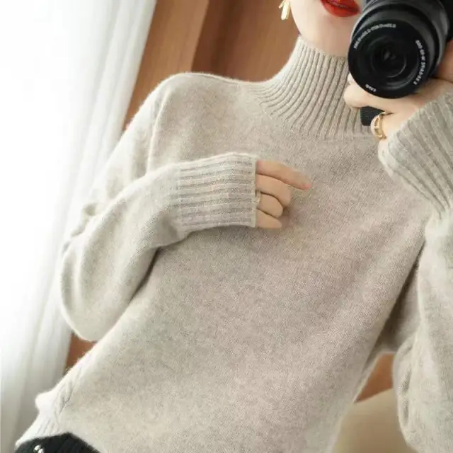 Autumn And Winter New Trendy Semi high Collar Sweater Women's Solid Color Knitted Bottoming Shirt Apricot - Shop at LoveMi