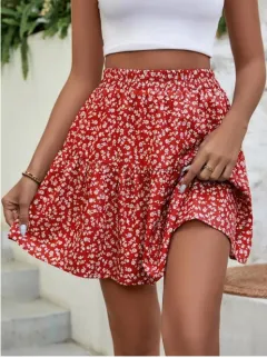 A- Line Short High Waist Floral Frill Hem Skirt - Red - View 1