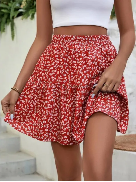 A Line Short High Waist Floral Frill Hem Skirt Red - Shop at LoveMi