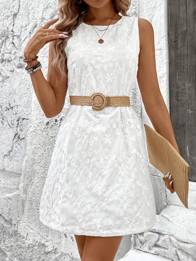 White Embroidered Crew Neck Tank Dress Bohemian Dress Red - Shop at LoveMi