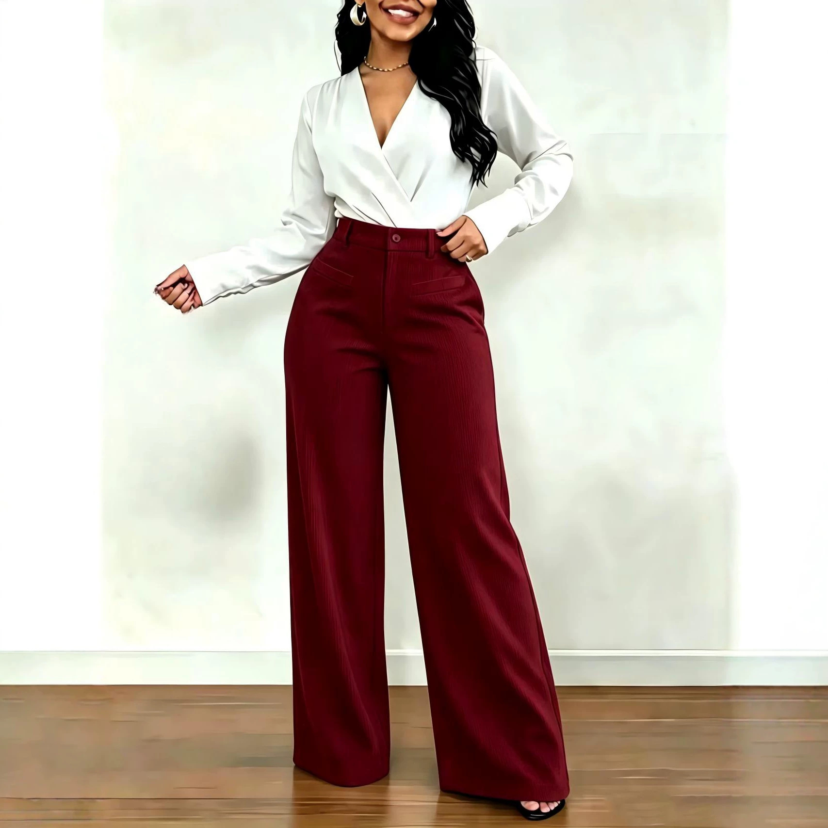 Pantalon femme uni chic décontracté, coupe ample à jambes larges fuselées, effet amincissant, tombé fluide