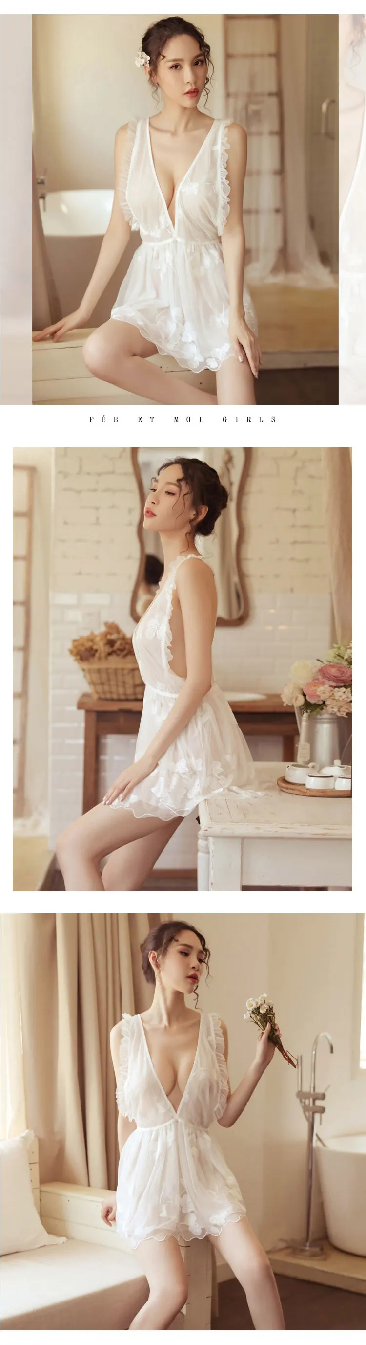 Title 1, Deep V low collar flower pettiskirt home nightd...