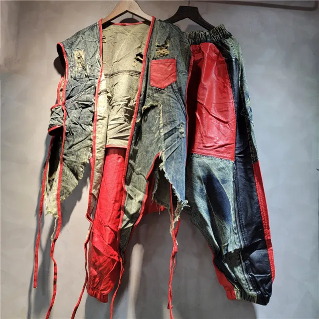 Trendy Cool Personality Cowboy Leather Patchwork Irregular Vest Big Crotch Baggy Pants - Shop at LoveMi