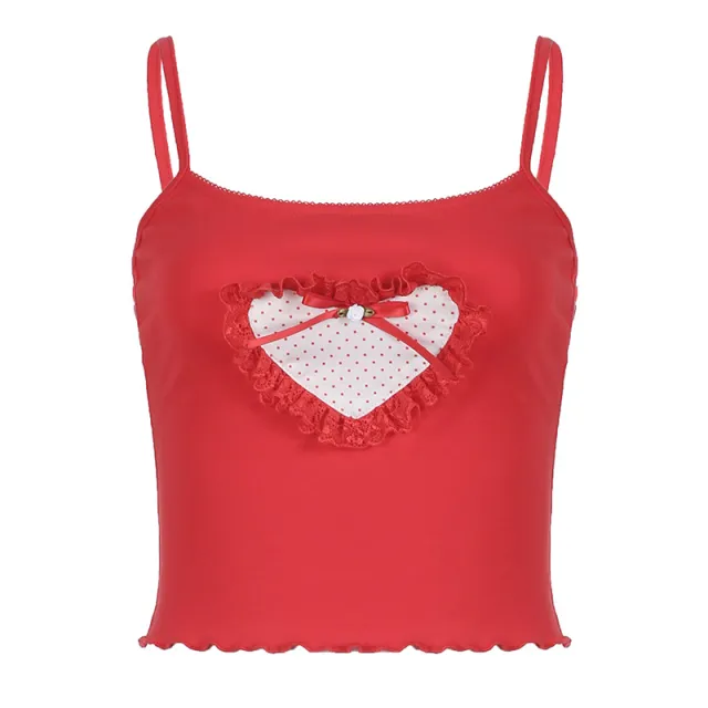 Sweet And Spicy Style Heart shaped Lace Stitching Bow Polka Dot Design Sense Small Sling Red - Shop at LoveMi