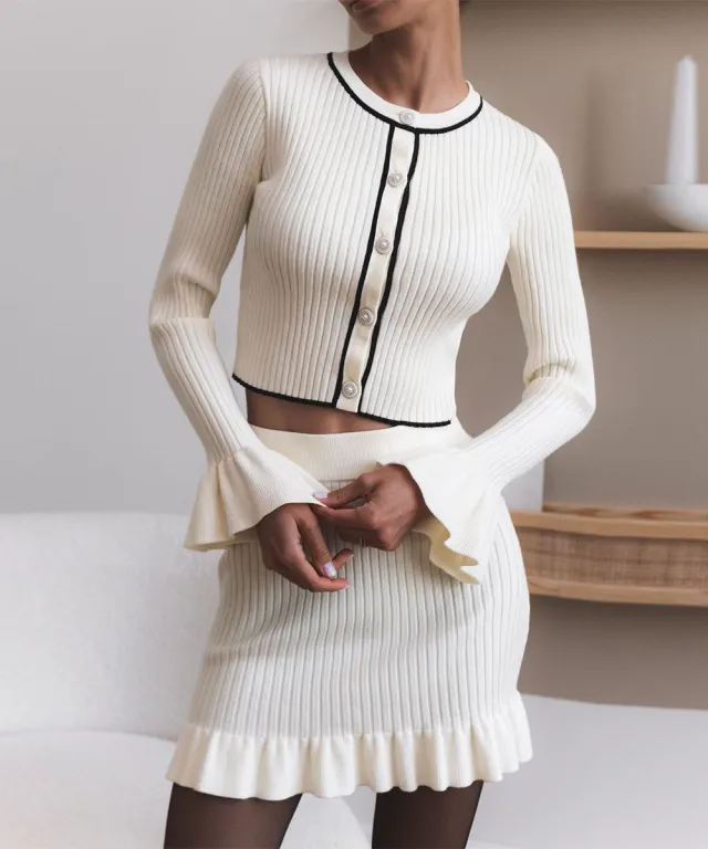 Ruffled Pearl Buckle Suit Knitted Mini Dress Two piece Set For Women White - Shop at LoveMi