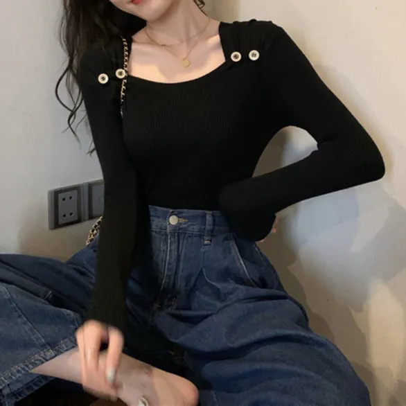 Women's Square Collar Long Sleeve Knitted Bottoming Shirt Black - Shop at LoveMi