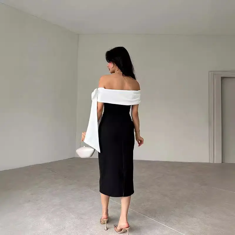 Women's Off-shoulder Bow Black And White Color