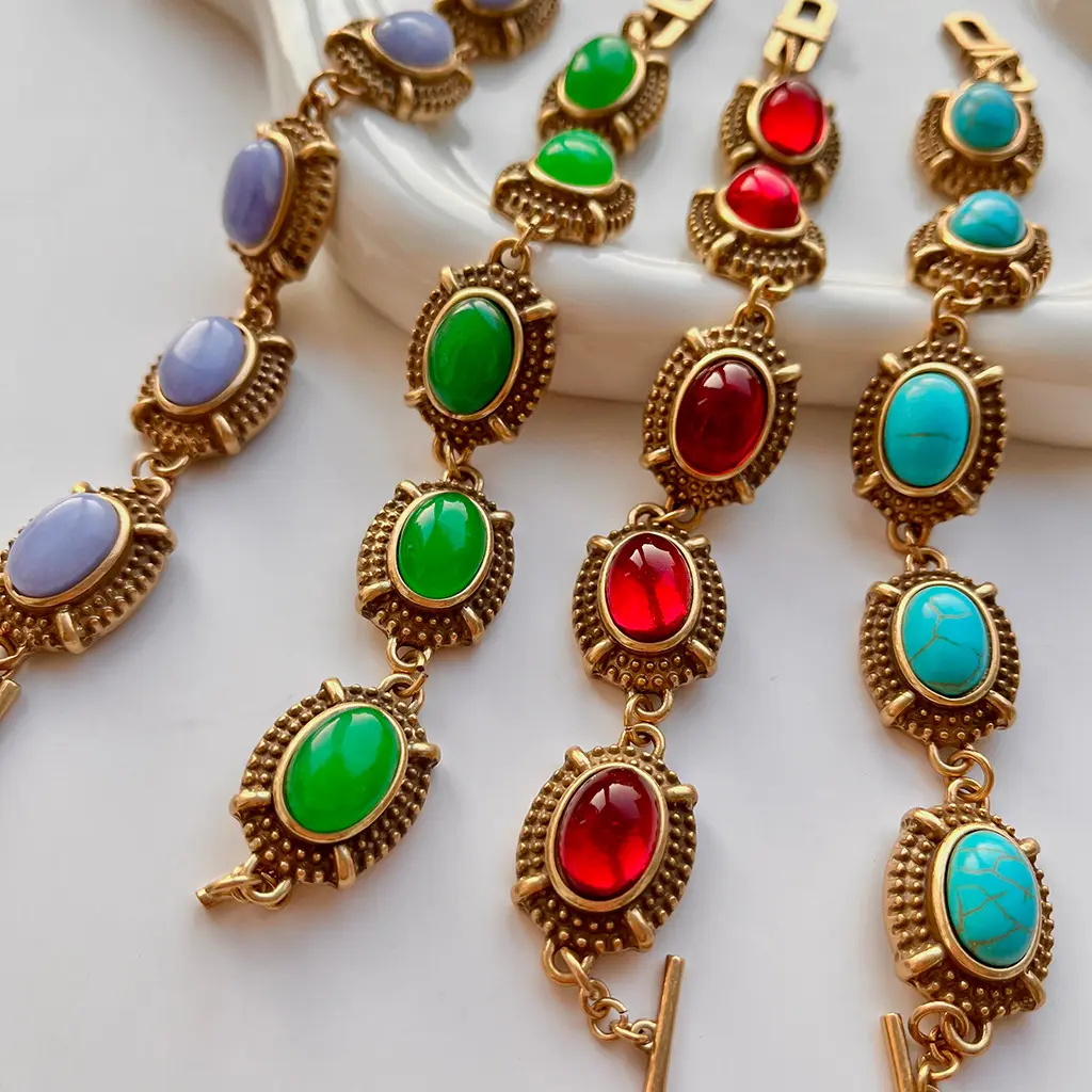 Retro Red Glazed Natural Stone Real Gold-Plated