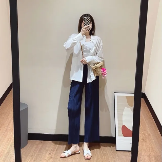 Women's Solid Color Casual Pleated Slim fit Wide leg Pants Navy Blue - Shop at LoveMi