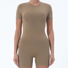 Summer Women's Yoga Clothes Suit Slim T-shirt Butt-lift Underwear - Khaki - View 1