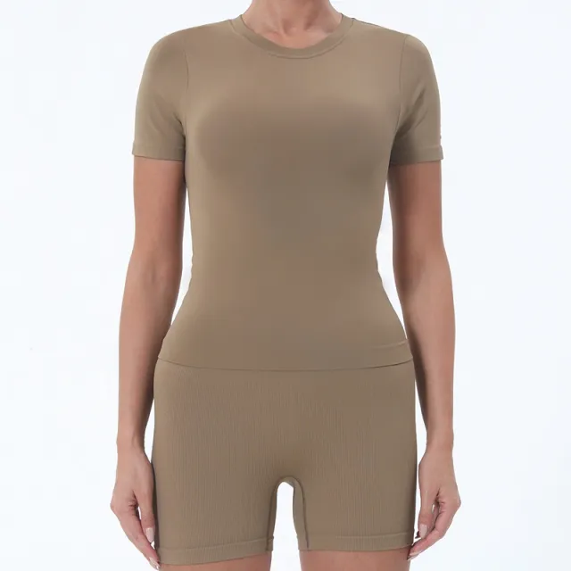 Summer Women's Yoga Clothes Suit Slim T shirt Butt lift Underwear Khaki - Shop at LoveMi