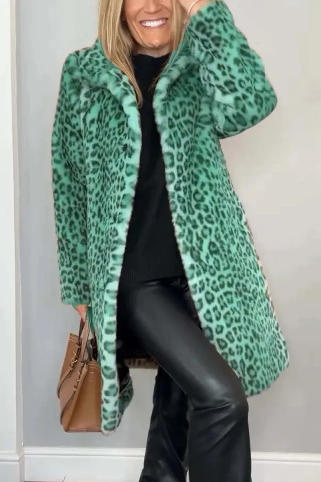 Fall Winter Leopard Print Plush Mid length Coat Green - Shop at LoveMi