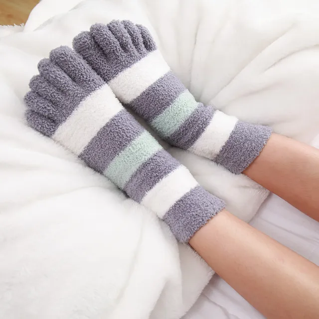 Women's Autumn And Winter Thermal Coral Fleece Sleeping Socks Striped Gray - Shop at LoveMi