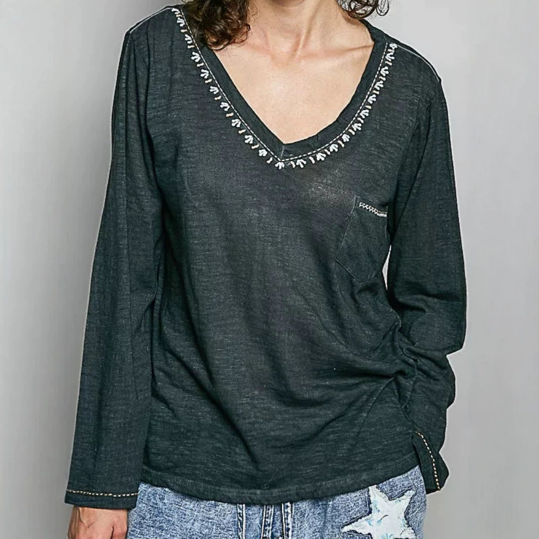 Vintage V-neck Distressed Long-sleeve Top